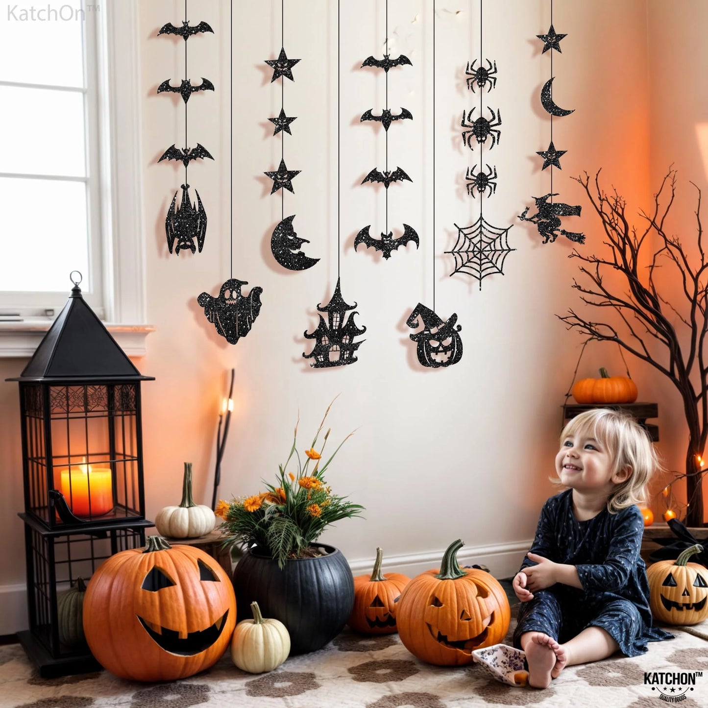 , Glitter Black Halloween Garland - Pack of 8 | Black Hanging Bats Halloween Decoration | Witch Garland, Glitter Pumpkins Garland, Hanging Halloween Decorations | Halloween Ceiling Decorations