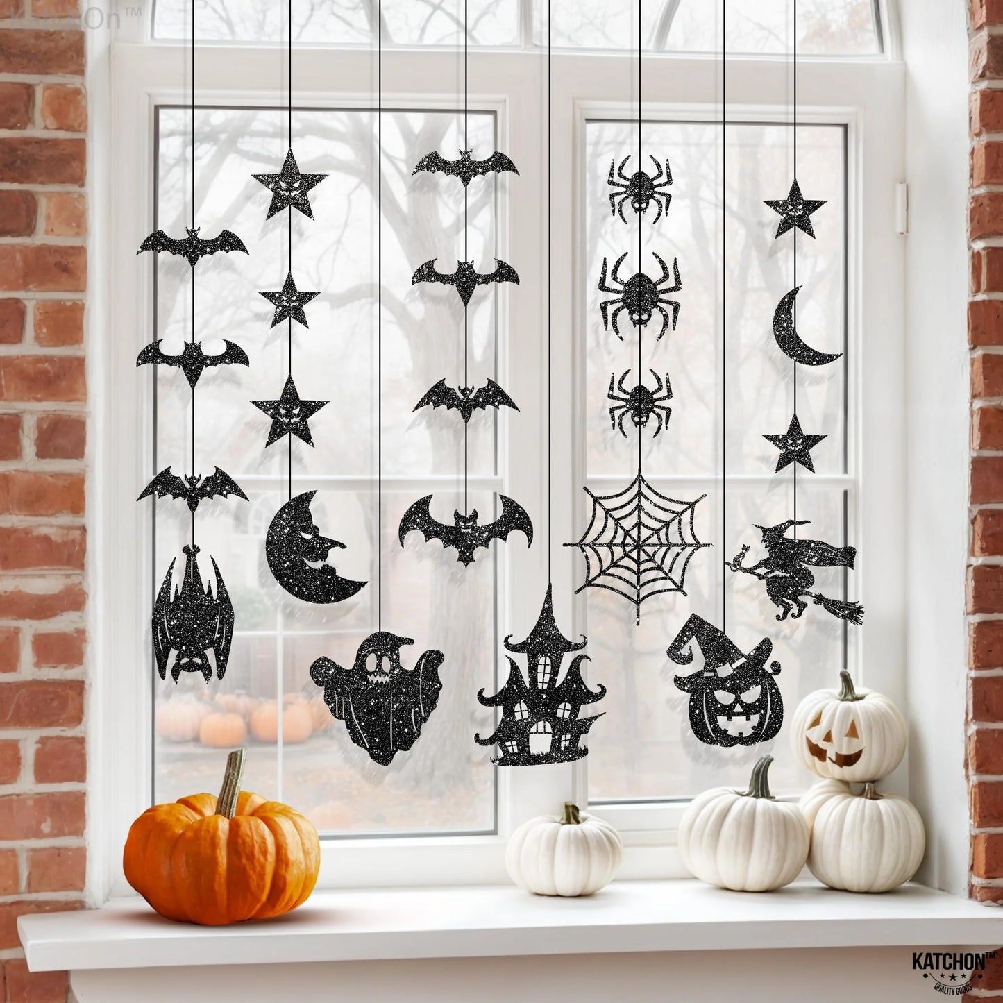 , Glitter Black Halloween Garland - Pack of 8 | Black Hanging Bats Halloween Decoration | Witch Garland, Glitter Pumpkins Garland, Hanging Halloween Decorations | Halloween Ceiling Decorations