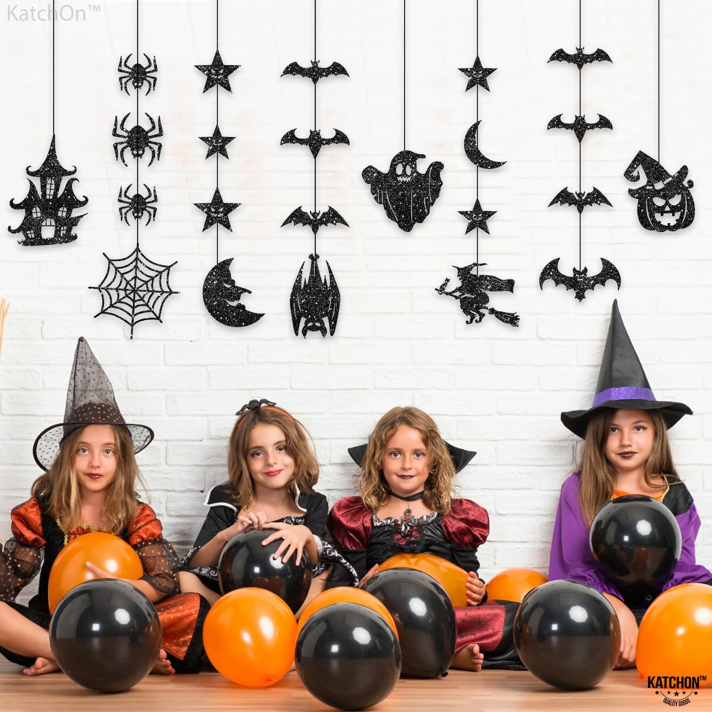 , Glitter Black Halloween Garland - Pack of 8 | Black Hanging Bats Halloween Decoration | Witch Garland, Glitter Pumpkins Garland, Hanging Halloween Decorations | Halloween Ceiling Decorations