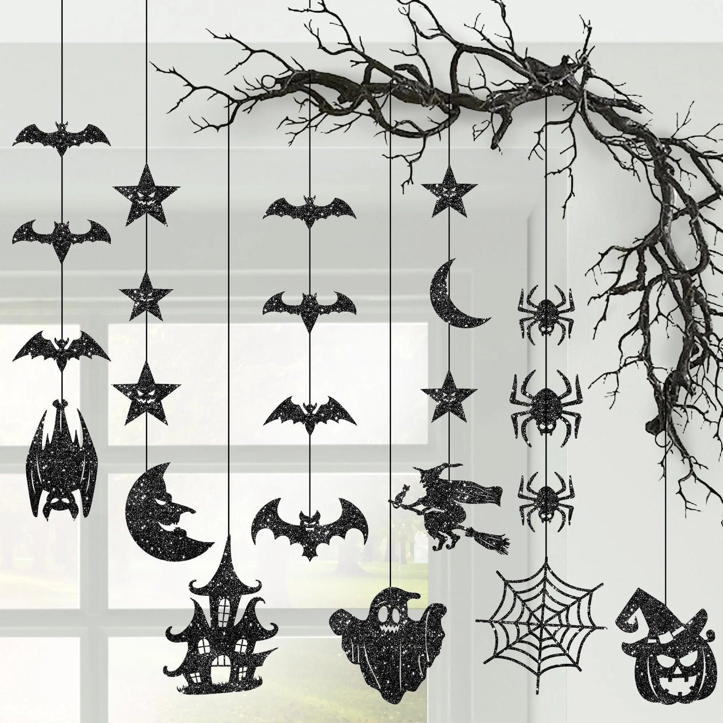 , Glitter Black Halloween Garland - Pack of 8 | Black Hanging Bats Halloween Decoration | Witch Garland, Glitter Pumpkins Garland, Hanging Halloween Decorations | Halloween Ceiling Decorations