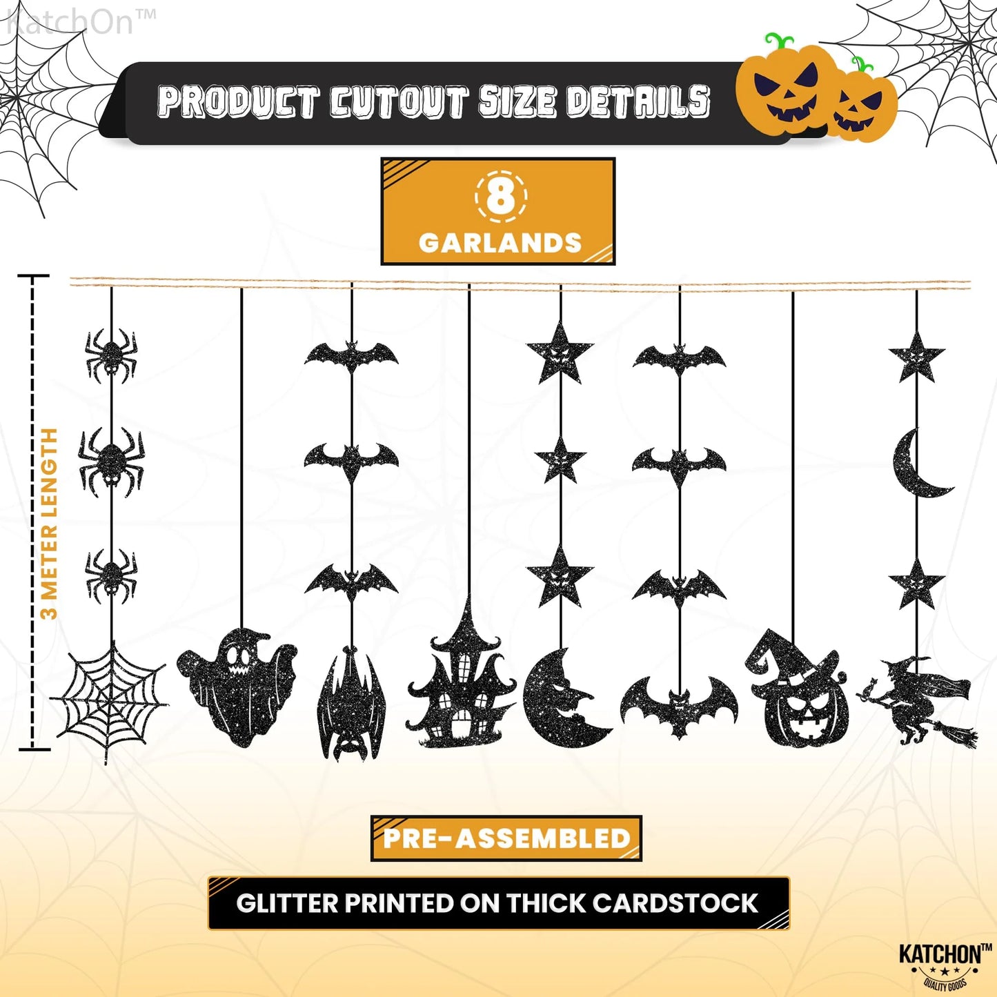 , Glitter Black Halloween Garland - Pack of 8 | Black Hanging Bats Halloween Decoration | Witch Garland, Glitter Pumpkins Garland, Hanging Halloween Decorations | Halloween Ceiling Decorations