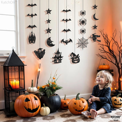 , Glitter Black Halloween Garland - Pack of 8 | Black Hanging Bats Halloween Decoration | Witch Garland, Glitter Pumpkins Garland, Hanging Halloween Decorations | Halloween Ceiling Decorations