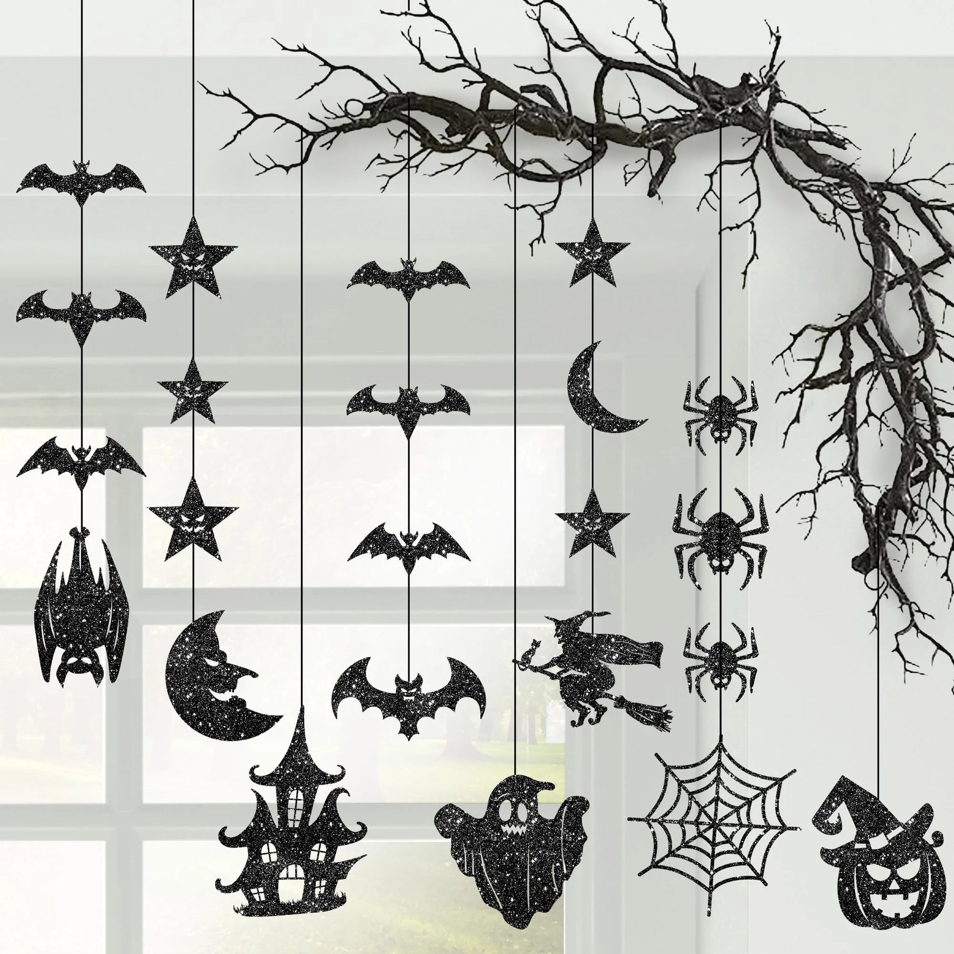 , Glitter Black Halloween Garland - Pack of 8 | Black Hanging Bats Halloween Decoration | Witch Garland, Glitter Pumpkins Garland, Hanging Halloween Decorations | Halloween Ceiling Decorations