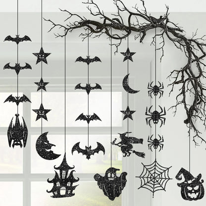, Glitter Black Halloween Garland - Pack of 8 | Black Hanging Bats Halloween Decoration | Witch Garland, Glitter Pumpkins Garland, Hanging Halloween Decorations | Halloween Ceiling Decorations