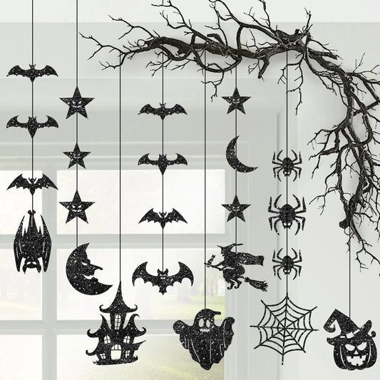 , Glitter Black Halloween Garland - Pack of 8 | Black Hanging Bats Halloween Decoration | Witch Garland, Glitter Pumpkins Garland, Hanging Halloween Decorations | Halloween Ceiling Decorations